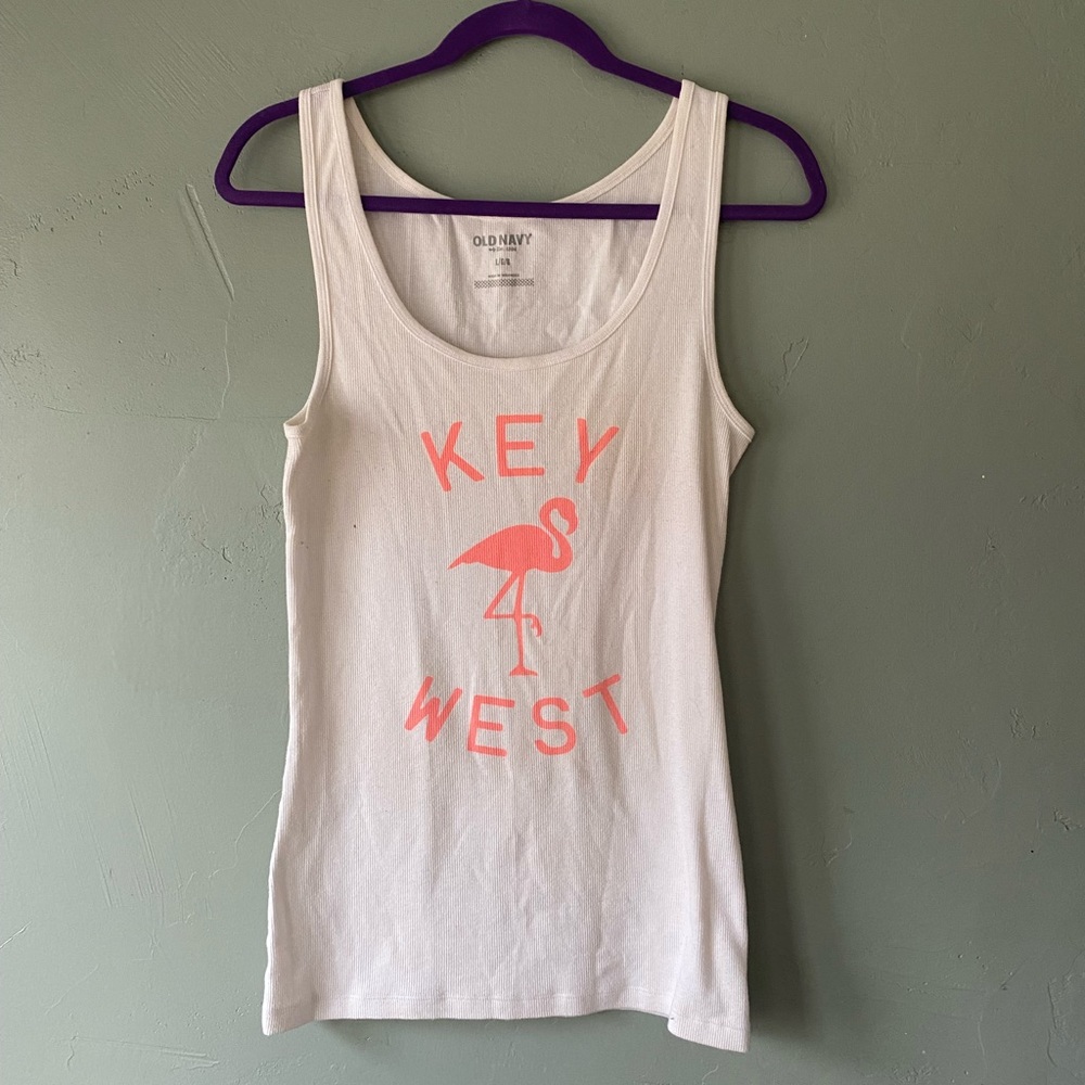 Stretchy white tank top with neon “Key West” and flamingo, size Large